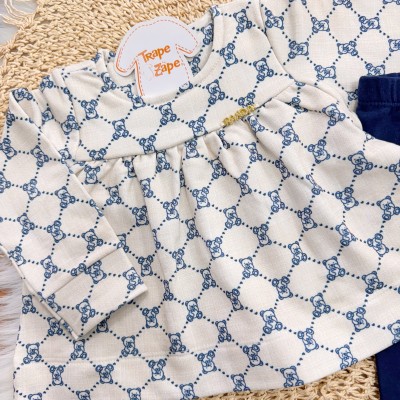 Conj. Batinha Manga Longa Ursinhos e Calça Legging - Areia e Azul Marinho